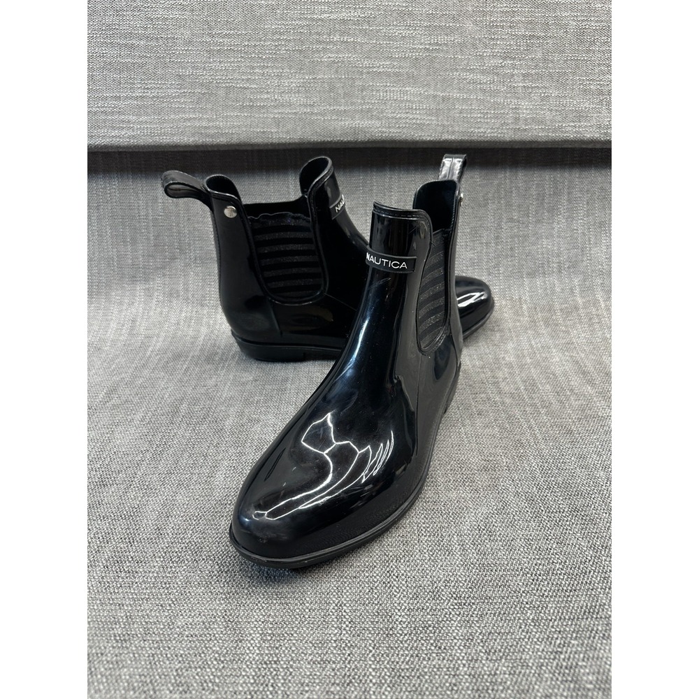 Nautica Cliff Port Womens US 9 Rain Boot Black Rubber Ankle Pull On Cuban Heel